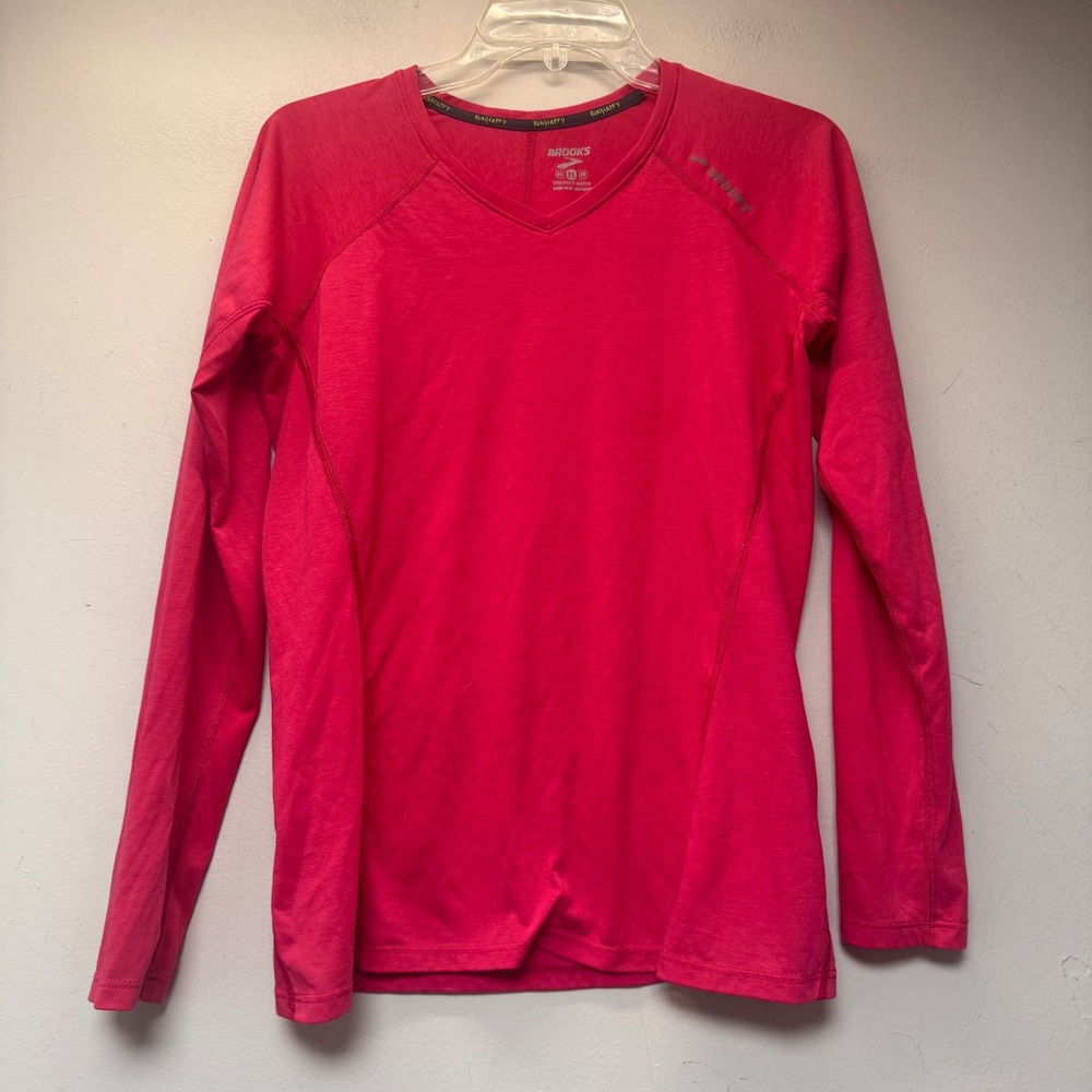 Brooks Long Sleeve Shirt Womens Medium Pink Excellent Run Happy V-Neck Active